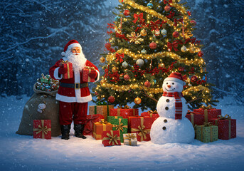 christmas tree decorations, santa claus with gifts, snowman in the snow, christmas gift boxes