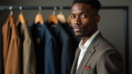 Professional Black stylist portrait, man in elegant suit posing with clothing rack. Studio lighting fashion photography for portfolios