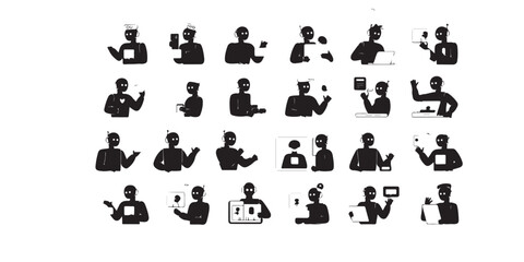 Collection of black and white robot avatars interacting with technology and communication devices