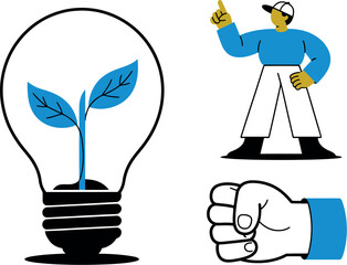 Illustration of a light bulb with a plant inside, a person pointing, and a clenched fist image