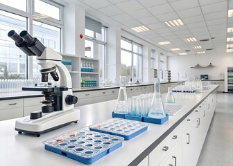 Medical Laboratory with Microscope and Sample Flasks
