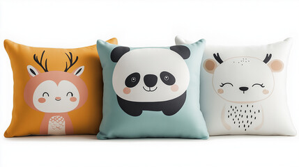 Fototapeta premium AI generator images of Pillow with cute stuffed animal pattern, Assortment of cute plush pillows in various animal shapes including cats and an owl, Ideal for comfort, gifts, in room decor