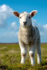 Fototapeta premium Adorable lamb grazing on verdant pasture, fluffy clouds drifting across azure sky, embodying pastoral tranquility