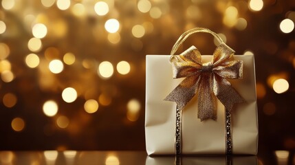 Elegant gift bag with gold bow on bokeh background.