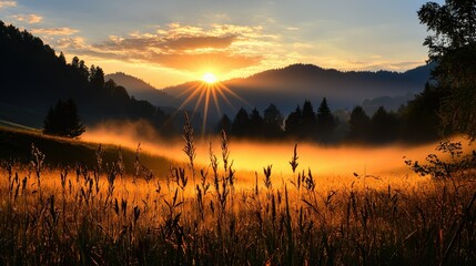 Golden sunrise over a misty mountain valley.