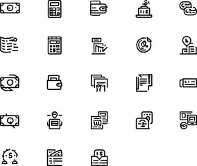 Black and White Financial and Banking Icons in Clean Line Art on White Background