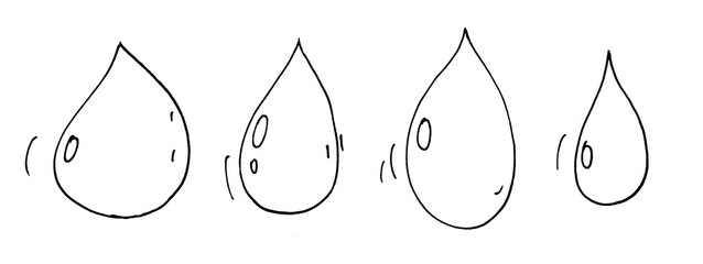 Playful doodle-style illustration of teardrop-shaped water drops in various sizes. Ideal for kids&rsquo; worksheets, environmental campaigns, weather icons, and hand-drawn design sets