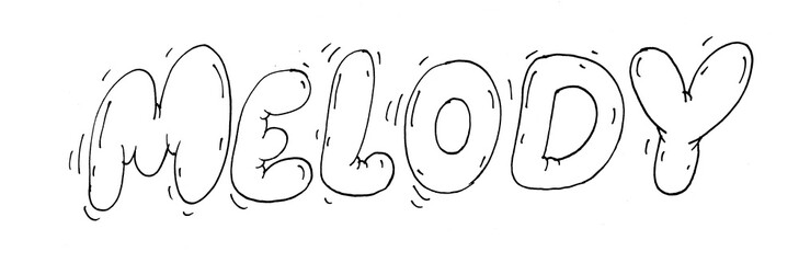 Sketchy and soft bubble letters spelling “MELODY,” radiating fun and joy. Ideal for music-themed projects, kids' books, positive posters, and personalized art.