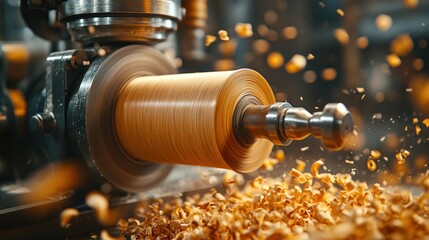 Wood turning machine in action, sawdust flying
