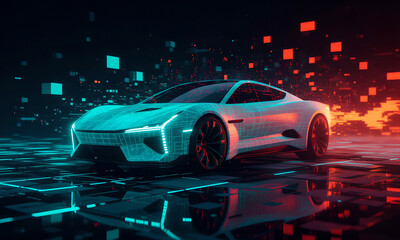 Futuristic Electric Car Concept with Neon Lighting on Abstract Technology Background