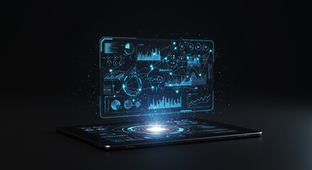 Tablet screen shows futuristic data analysis and network