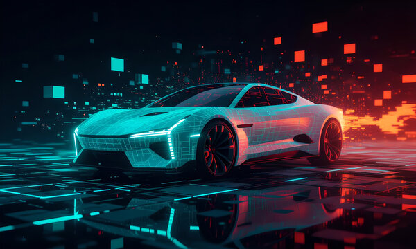 Futuristic Electric Car Concept with Neon Lighting on Abstract Technology Background