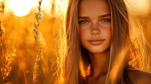 Close-up portrait of a woman with radiant golden light. Radiant young woman with golden sunlit curls.