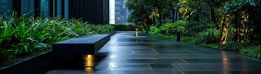 Urban oasis pathway with lush greenery and subtle lighting.