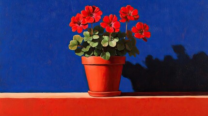 Red geraniums in terracotta pot against a bold blue backdrop.
