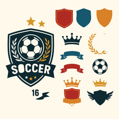 A vintage heraldry design featuring a set of golden royal shields with laurel wreaths, crowns, and ribbons, ideal for emblems, badges, or soccer club insignias
