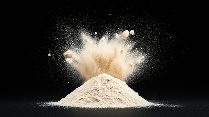 Powdery substance erupting in a dramatic explosion against a black backdrop.
