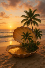 Landscapes of Sunset Oasis Hidden in a Giant Seashell