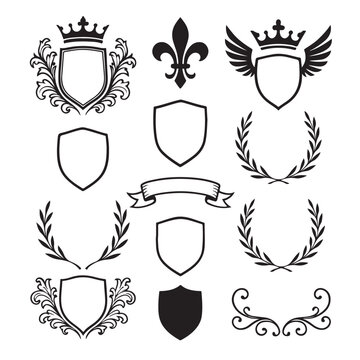 Vintage gold royal heraldic shield vector illustration set with crown, ribbon, and laurel wreath design