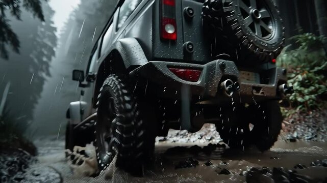Off road vehicle driving on muddy trail in rainy forest