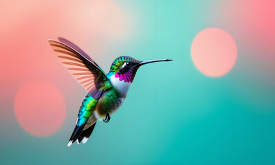 Vibrant hummingbird in flight against a soft colorful bokeh background.