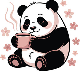Cute panda enjoying a warm drink surrounded by flowers bear animal