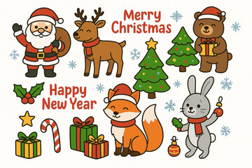 Christmas and New Year Vector Set with Santa Claus and Cute Animals on White Background