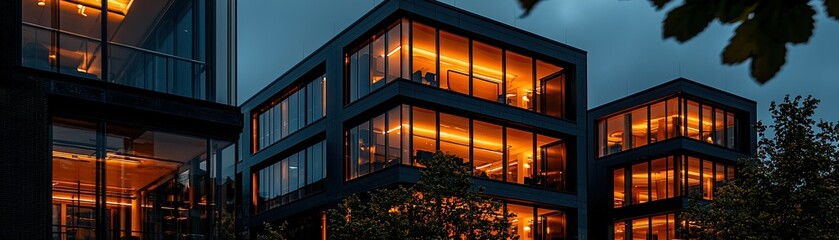 Modern buildings at twilight with illuminated windows