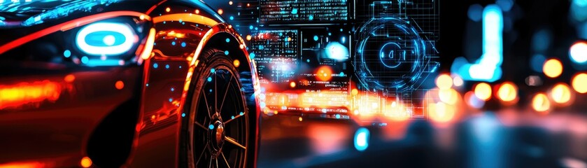 Obraz premium Futuristic vehicle design with glowing lights and digital overlay.
