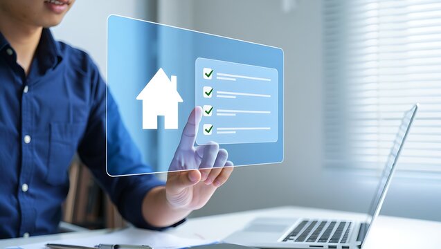 Person interacting with a digital interface displaying a house icon and a checklist with completed tasks representing real estate or property management