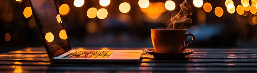 Warm coffee and laptop at night.