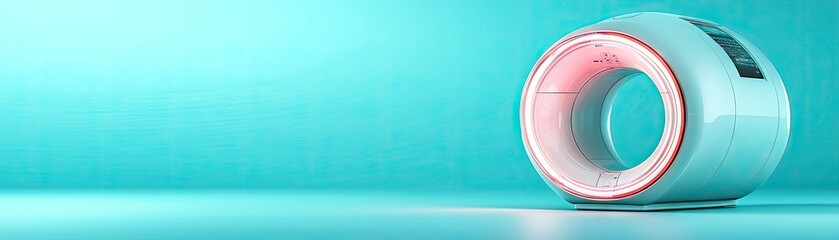 Modern, circular, futuristic device on teal background.