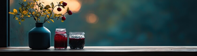 Still life of preserved berries in glass jars and a teal vase.
