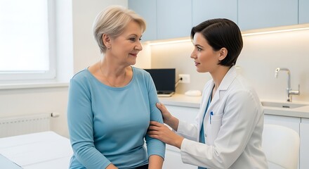 Obraz premium Caring doctor reassures elderly patient during a consultation in a modern medical examination room