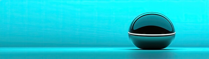 Glossy black sphere on a turquoise background.