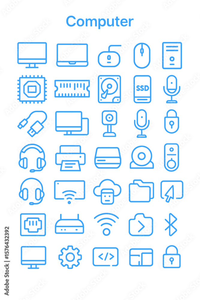 Fototapete A collection of computer and technology related icons in a blue outline style arranged in a grid.