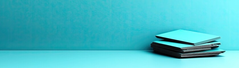 Light teal  scene with stack of books.