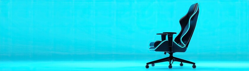 Black gaming chair against a bright blue backdrop.