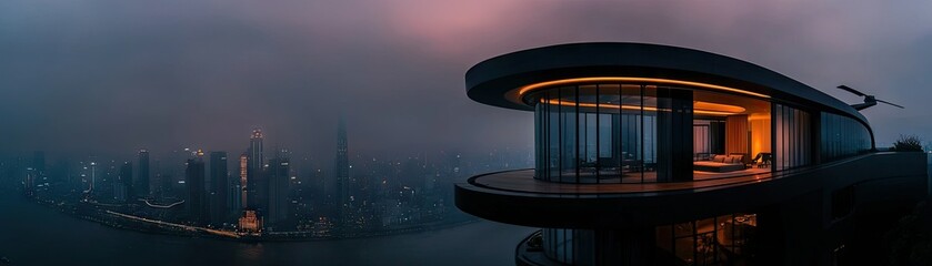 Modern architectural dwelling atop a city skyline.