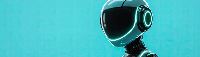 Profile of a futuristic robot head against a teal backdrop.