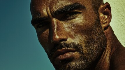 Close-up portrait of a man with intense expression.