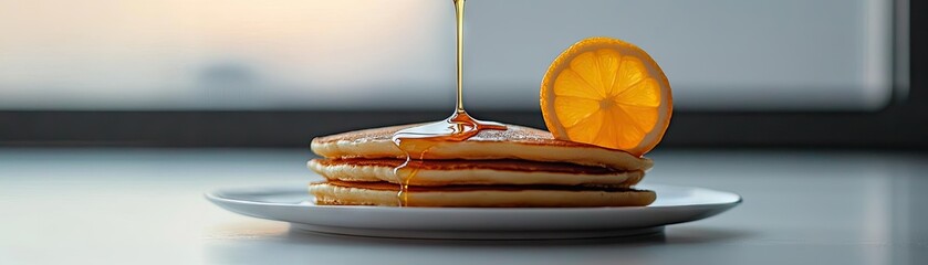 Delicious stack of pancakes drizzled with syrup and an orange slice.