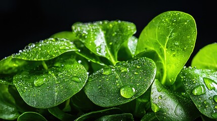 Close-up view of vibrant green leaves covered in dew drops.