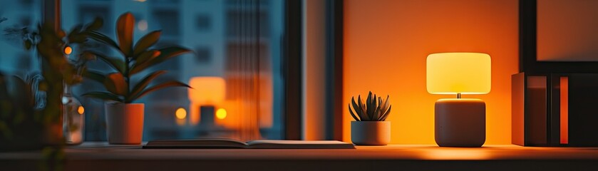Warm lighting illuminates a windowsill display.