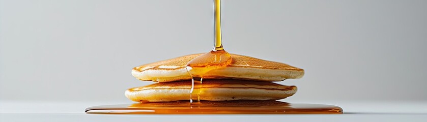 Stack of pancakes being drizzled with golden syrup.