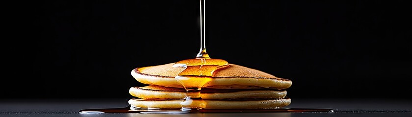 Stack of golden pancakes being drizzled with syrup.