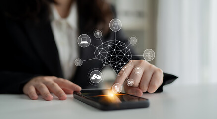 A visual of artificial intelligence network connecting AI, network, and system across a structured...