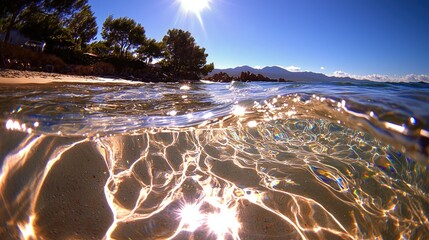 Sunny coastal scene reflected in shallow water.