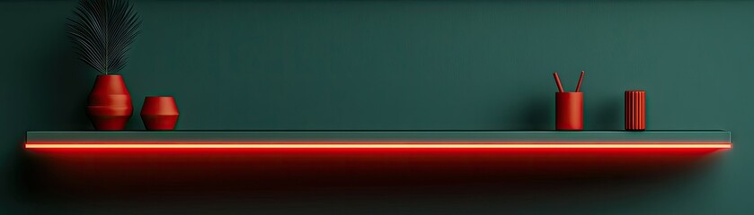 Red shelf against a deep teal wall.