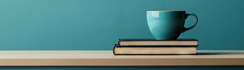 Teal mug atop books on a light wooden shelf.